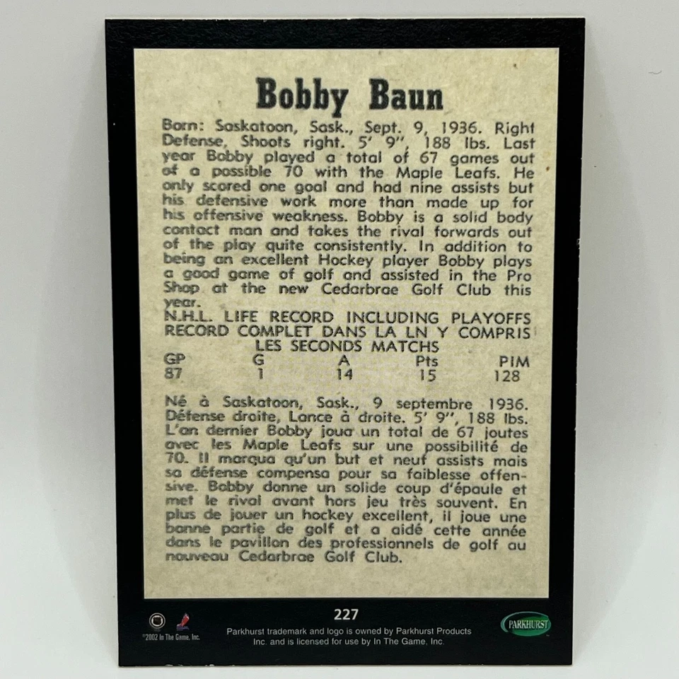 2002-03 Parkhurst Reprints Bob Baun #227 - Image 2 of 2
