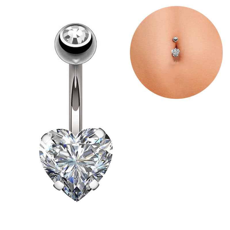 Zircon Heart Belly Bar Surgical Steel Double Gem Navel Button Ring Body