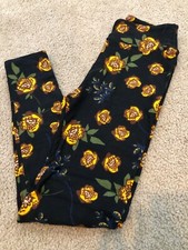 New LuLaRoe OS One Size Leggings black yellow green floral roses flowers leaves