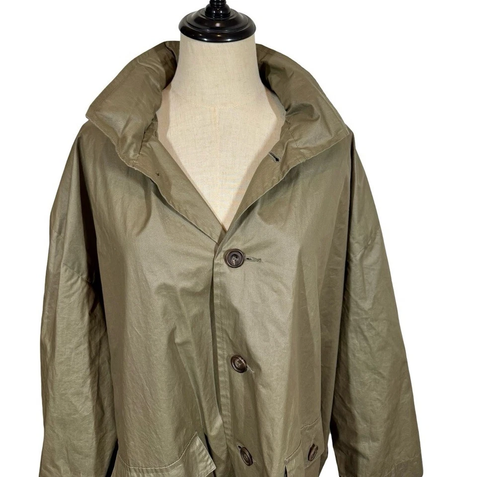 Eskandar Swing Coat Waxed Rain Jacket Detachable Hood Olive Green 1/Small $2559 - Image 4 of 4