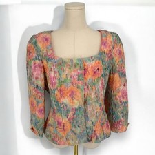 90s VTG Victor Costa Pastel Floral Watercolor Crinkle Satin Cropped Jacket 12
