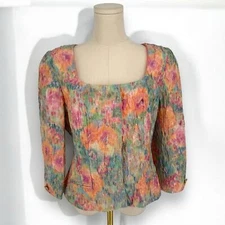 90s VTG Victor Costa Pastel Floral Watercolor Crinkle Satin Cropped Jacket 12