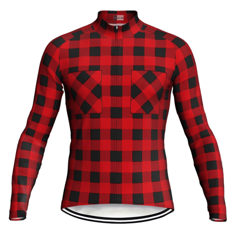 Men MTB Bike Jacket Cycling Jersey Long Sleeve Red Black Plaid