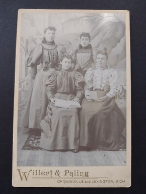 Four Young Ladies & Open Book Antique Cabinet Card Photograph 1890's Mich
