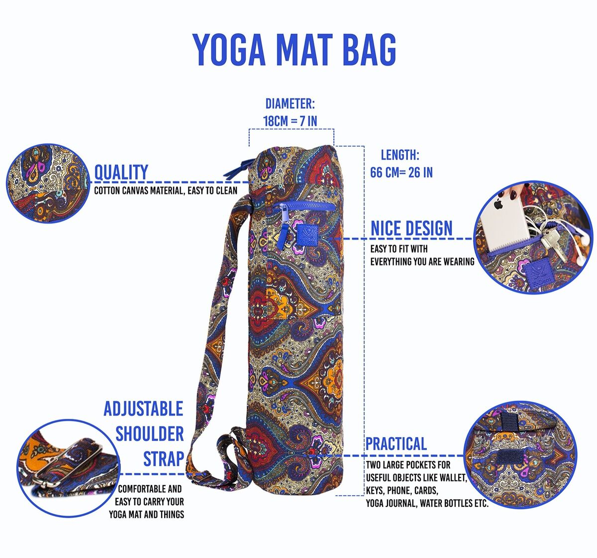 Large Multifunctional Yoga Mat Bag Carrier Bag, 2 Pocket, Free Yoga Mat  Strap
