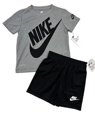 Nike NWT Boys Size 4T NIKE Logo Gray T Shirt Black Shorts 2 Piece Set Outfit