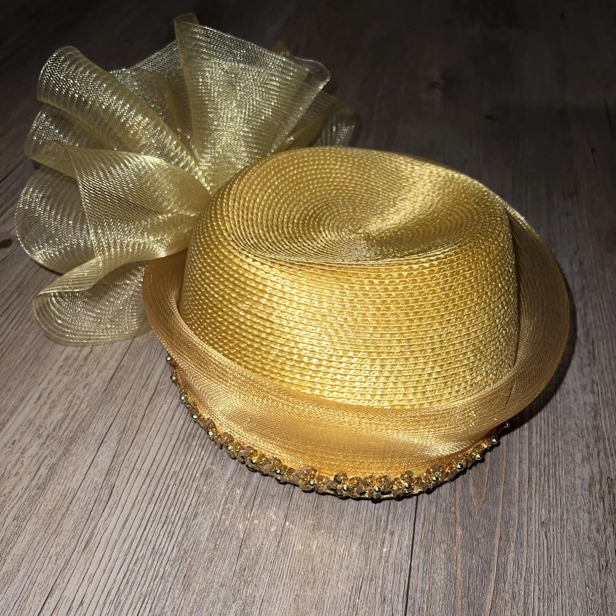 Vintage Arlin Yellow Gold Mesh Easter Sequins Beaded Church Hat Church 1980s Vintage Hats for Women for sale | eBay main image 2