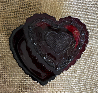 Vintage Avon 1876 ruby red glass heart trinket box.