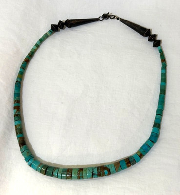 Vtg Turquoise Rounded Beads/Sterling Silver Beads + End Clasps 16 inches Long