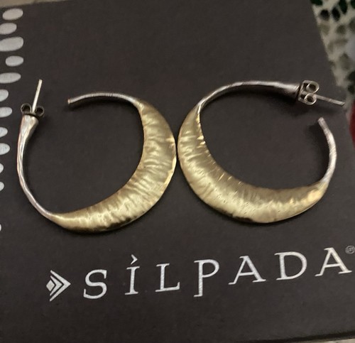 Sterling Silver & Brass Hoop Earrings Silpada 1 1/2" Pierced Hoops - Picture 5 of 7