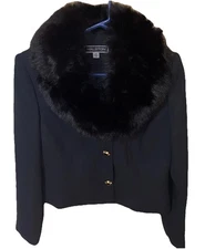 VTG Halston Short Black Blazer Suit Jacket Faux Fur Collar Size 10 Women