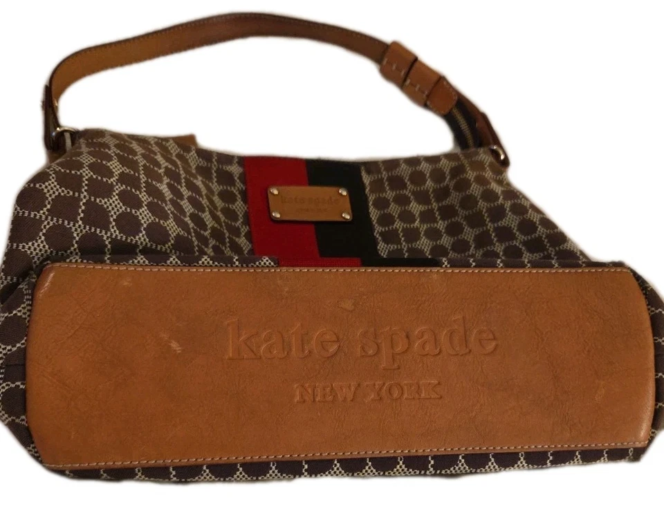 Bolso Hobo Kate Spade Tela Punto Noel Rojo Rayas Cuero Parte Inferior Hombro-¡Amplio!! Foto 4 de 4