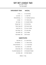 Shrewsbury Town vs Walsall - A4 Teamsheet - 28/2/2026 - League Two