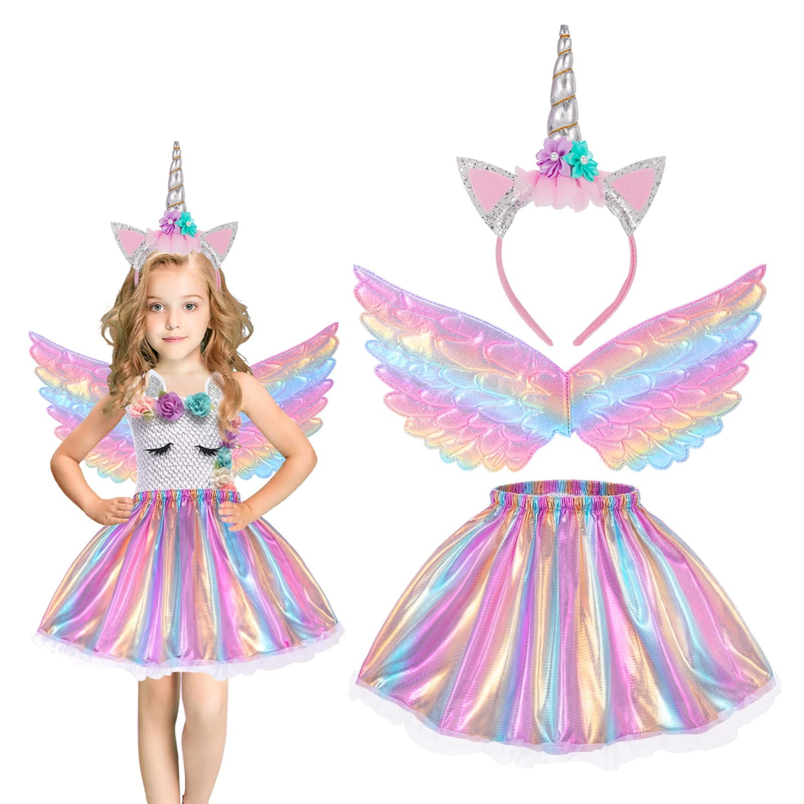 Déguisement princesse licorne fille jupe tutu violette ailes papillon bandeau corne dorée