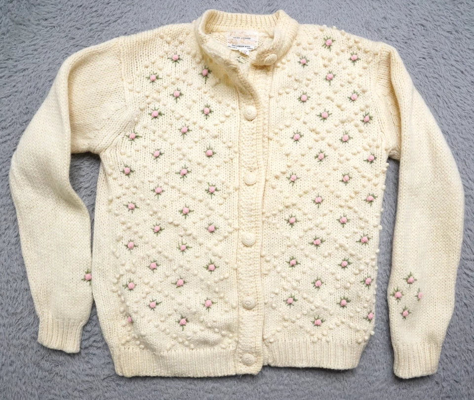 Cárdigan de lana vintage para mujer M beige tejido a mano floral rosa Foto 2 de 4