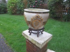 Superb Oriental Very Large Chinese Fish Bowl / Planter Plant Pot & Wooden Stand