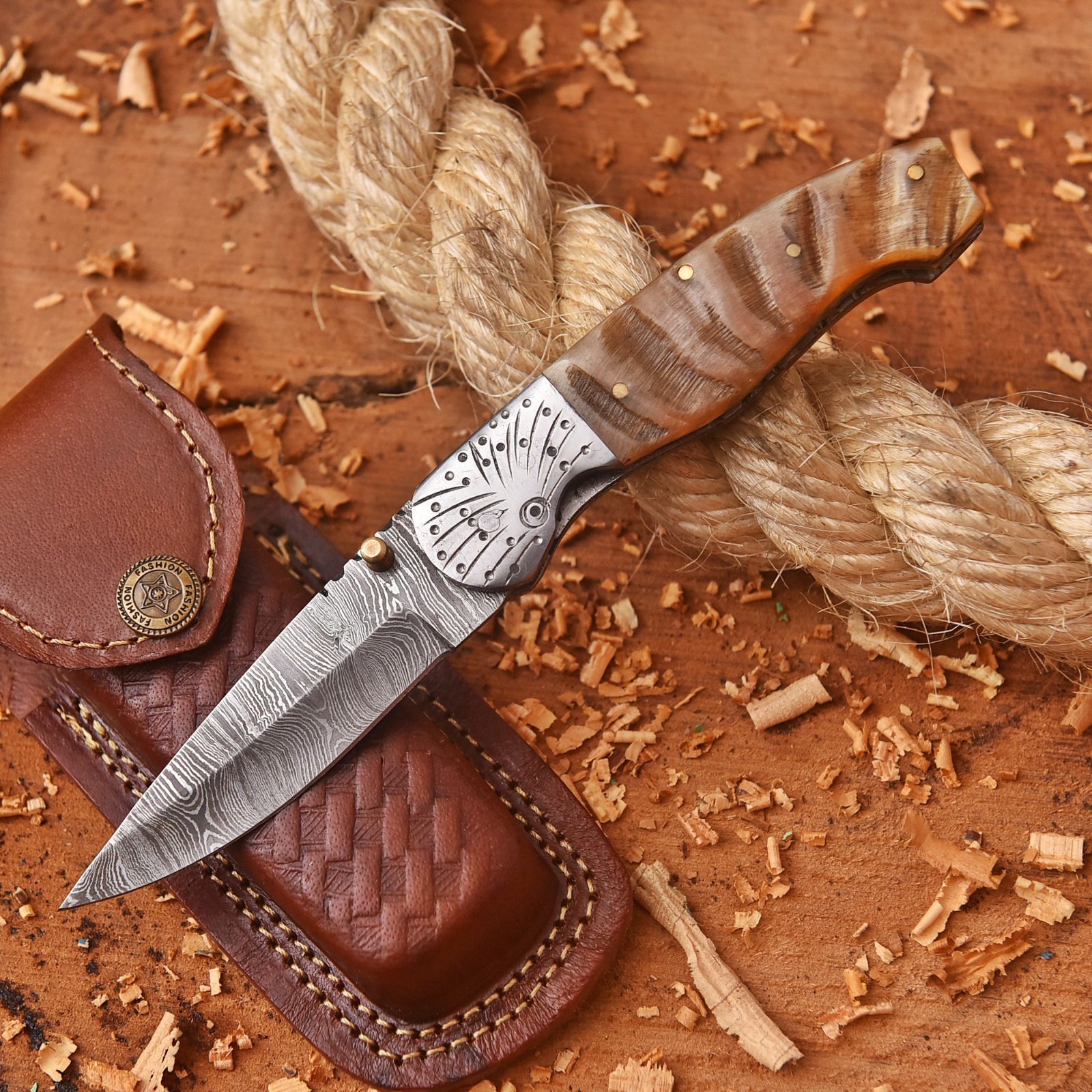 CUSTOM HAND MADE FORGED DAMASCUS STEEL FOLDING BLADE POCKET KNIFE RAM HORN HANDL