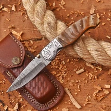 CUSTOM HAND MADE FORGED DAMASCUS STEEL FOLDING BLADE POCKET KNIFE RAM HORN HANDL