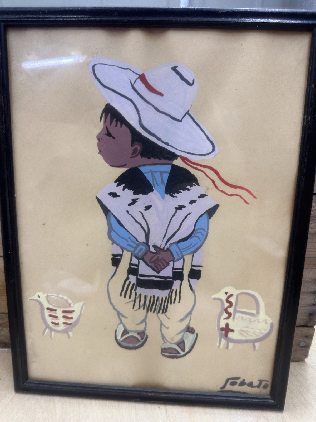 Original Vtg  Mexican Folk Art Gouache  Watercolor Signed Sabato  Boy Pottery