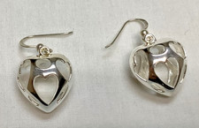 Bold Filigree 925 Sterling Silver Hook Earrings, Heart Shaped with Heart CutOuts