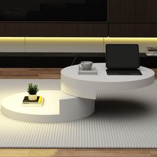 360° Rotating Coffee Table White End Table w/Adjustable LED Lights, Double Layer