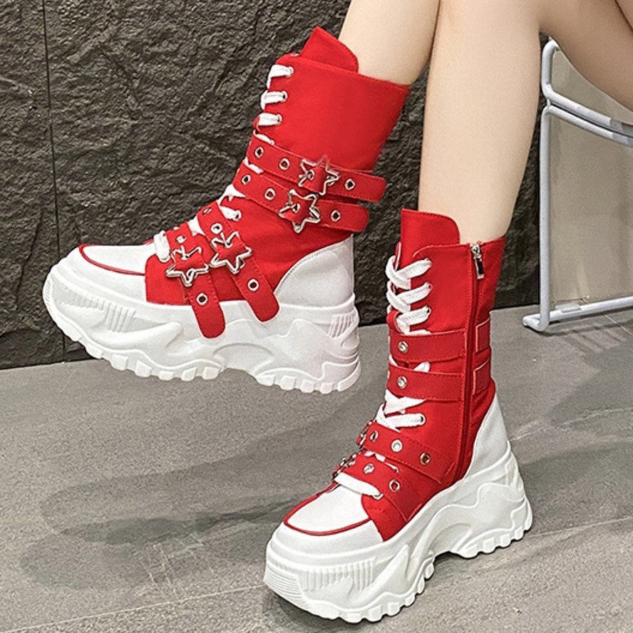 Thick Sole Ankle Boots Women Platform High Heels Lace Up Fashion Sneaker  Comform