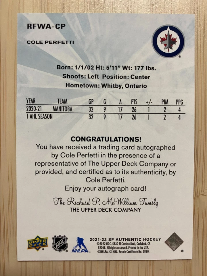 2021-22 SP Authentic Cole Perfetti Retro Future Watch RC Auto /99 Winnipeg Jets - Image 2 of 2