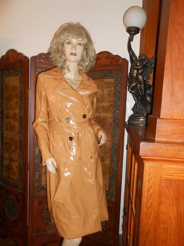 Forever Audrey Shiny Vinyl Carmel Tan Trench coat PVC raincoat rain Jacket S