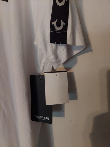 TRUE RELIGION with Horseshoe Logo Striped Sleeves Optic White Large T-Shirt NWT - Picture 8 of 14