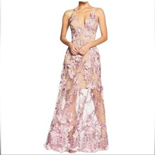 DRESS THE POPULATION Sidney Deep V-Neck 3D Lace Gown, Lilac/ Nude MEDIUM 1302