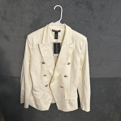NWT Attitude Unknown Women's White Cream Double-Breasted Blazer Size Medium