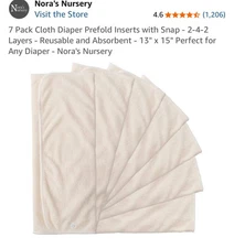 Nora’s Nursery 7 Pack Cloth Diaper Prefold Inserts with Snap - 2-4-2 Layers