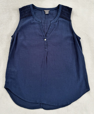 Eddie Bauer Blouse Women s S Blue Sleeveless V-Neck 100% Cotton Crochet Accent