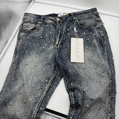 GUAPI ジーンズ34 Guapi Denim Jeans 34 Stacked Studded Blue Diamond Rhinestones