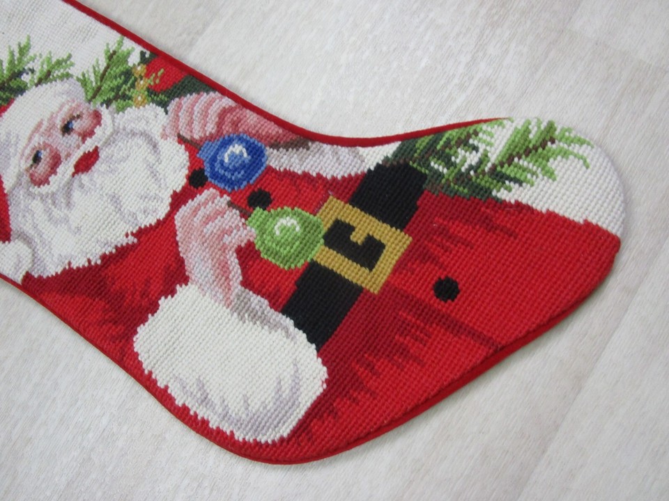 Vintage Handmade Finished Needlepoint Christmas Stocking Santa Claus