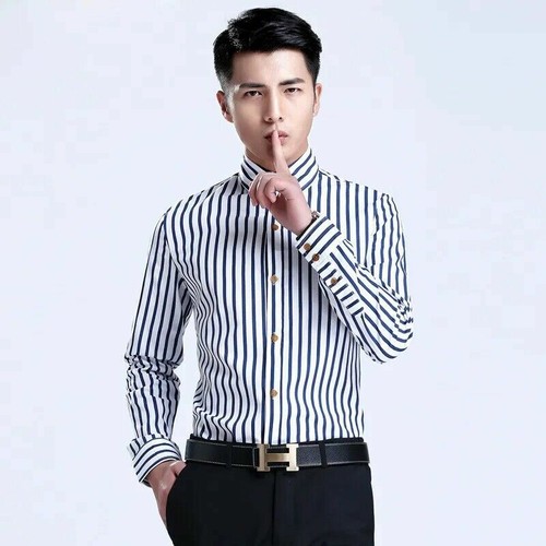 Mens Dress Shirts Clothes Luxury Casual Slim Striped Long Sleeves Cotton Shirts - Picture 7 of 7