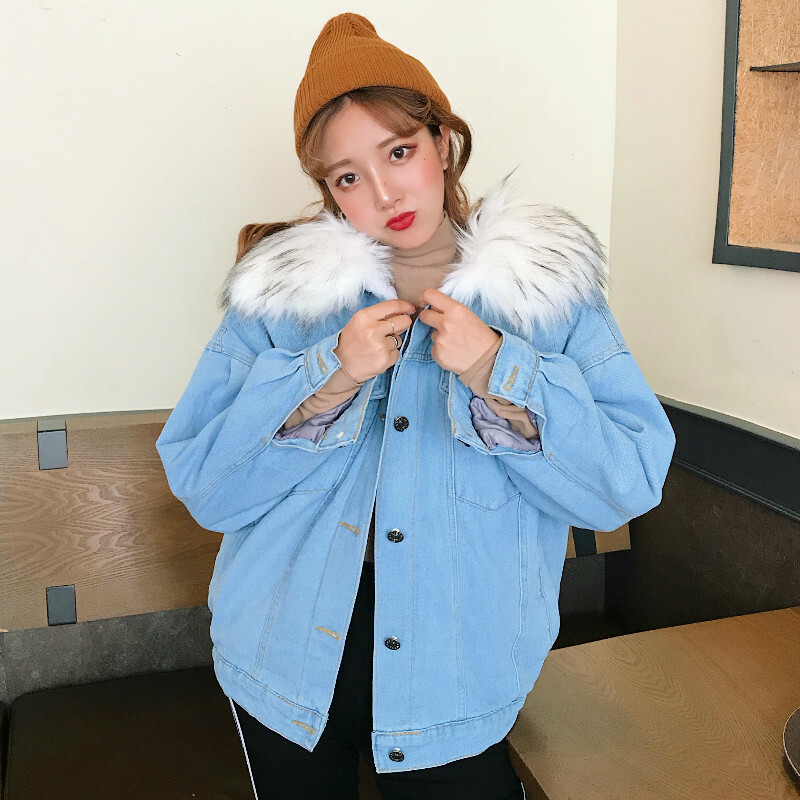 Lady Fleece Lined Denim Jacket Coat Thicken Hooded Faux Fur Collar