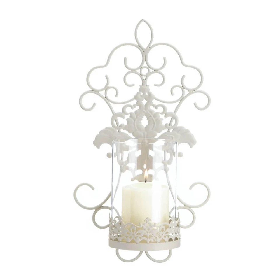 Distressed Ivory Iron Hurricane Wall Sconce Candle Holder Lantern Home Decor - Image 3 of 3