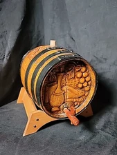 Hand Carved Oak Wood Decorative Wine Barrel Whiskey Cask Signed Ben Shaw Vintage