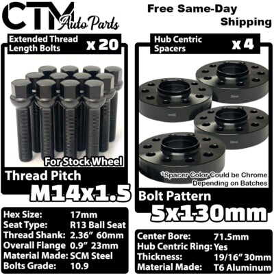 4x 30mm Thick 5x130 71.5mm C.B Wheel Spacer 14x1.5 Black Ball Bolt Porsche &More