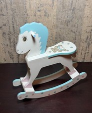 Nursery Wooden Horse Rocking Blue and White with Teddy Bear on the Saddle