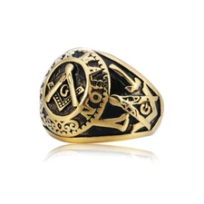 Vintage Gold Masonic Signet Ring Stainless Steel Men's Retro Freemason Band Ring