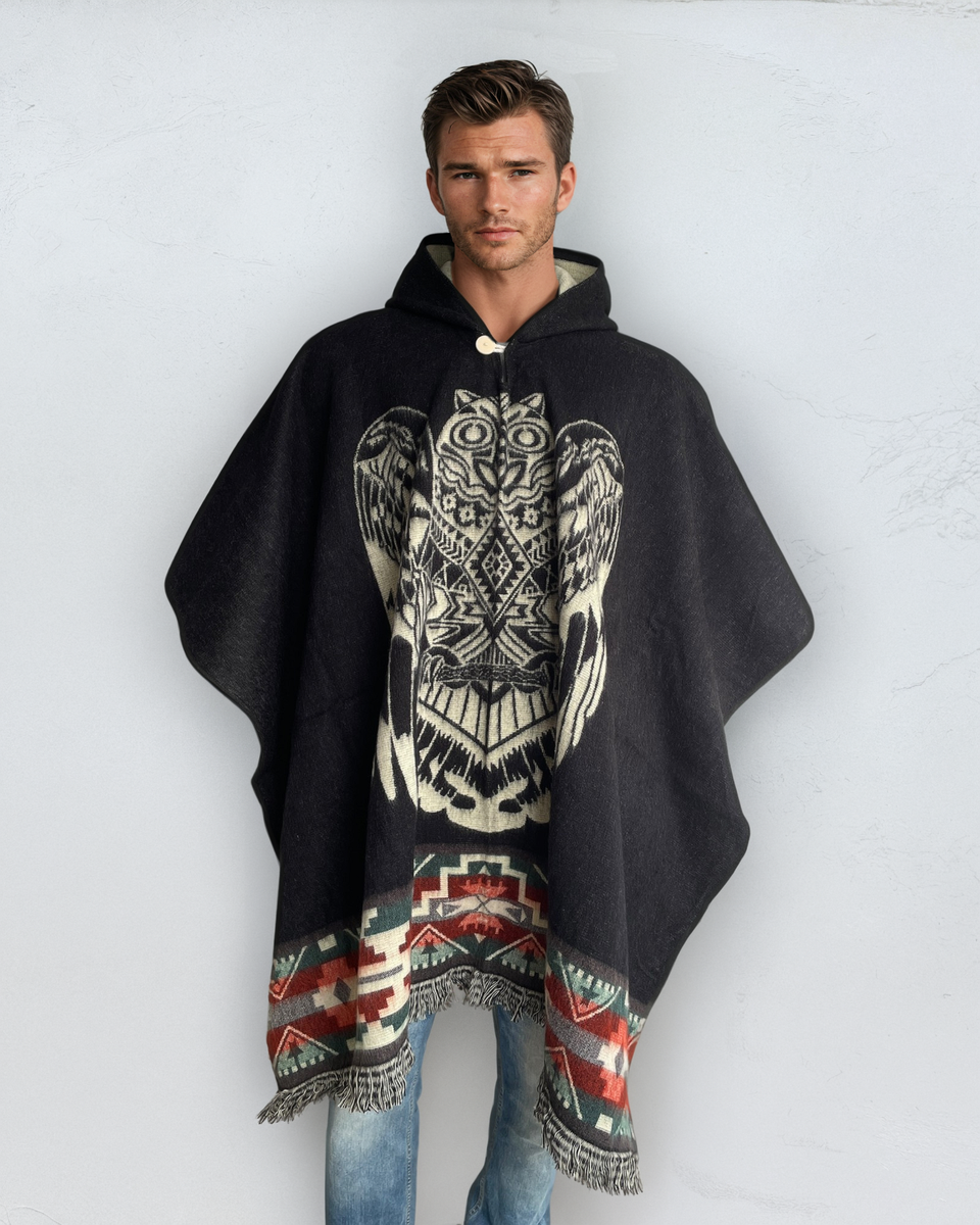 Alpaca Poncho Hood black Soft Comfortable Wool | Navajo Design Owl