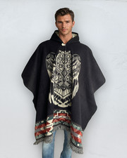 Alpaca Poncho Hood black Soft Comfortable Wool Navajo Design Owl Handcrafted