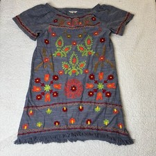 Rocks & Indigo Off Shoulder Embroidered Tunic Mini Dress Blue Size M Fringe Hem