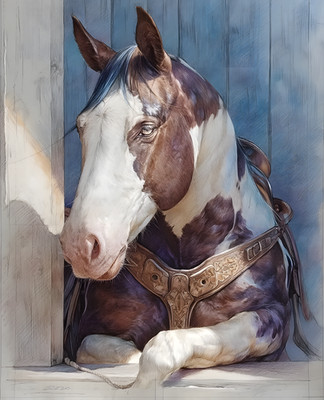 8x10 Cozy Storybook Horse with Saddle Art Print Classic Illustration - 579389492
