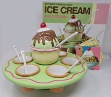 2005 Boston Warehouse 16 Piece Rare Ice Cream Sundae Carousel Lazy Susan In Box