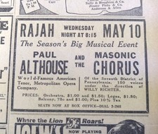 MAY 5, 1933 NEWSPAPER PAGE #1968- PAUL ALTHOUSE AND THE MASONIC CHORUS- LIVE