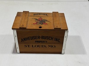 Vintage Mini Anheuser Busch Budweiser Small Wood Beer Crate Box w/ Hinged Lid