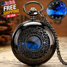 Share Exquisite Starry Blue Dial Quartz Pocket Watch Roman Numerals Gift